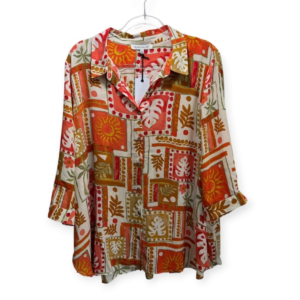 Rose +Olive New Resort Plus Button Front Top 3/4 Sleeve Blouse Vacation Coral 2X